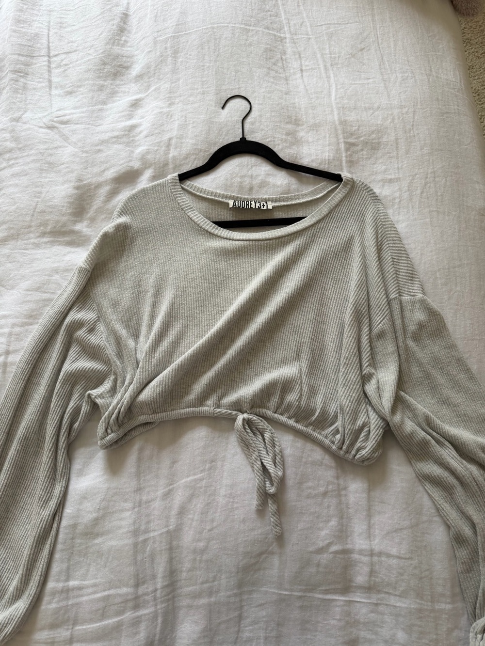 Light Gray Ribbed Tie-Front Long Sleeve Top